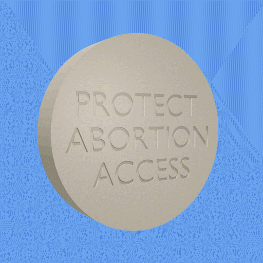 Digital art gif. Red, white, and blue button spins against a light blue background with the message, “Vote.” The button turns into a tan coin that reads, “Protect abortion access.”