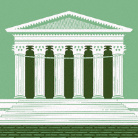 Illustrated gif. Banner unfurls from the Supreme Court Building with sage accents. Text on banner, "Protect people, not polluters."