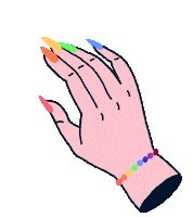 Sticker gif. Drawing of a disembodied hand wearing a rainbow-beaded bracelet as it taps its rainbow fingernails rhythmically over a transparent background.