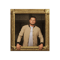 Sponsored sticker gif. Gold-framed portrait of Traitors cast member Derrick Levasseur tilts from side to side.