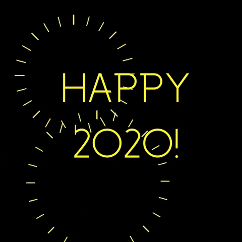 Digital art gif. Cartoon fireworks blossom around the words “Happy 2020!”