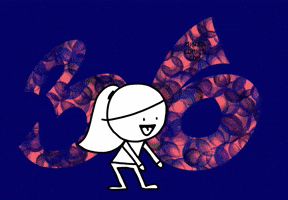 Illustrated gif. In front of a dark blue background, a girl drawn in black and white does the floss dance in front of a bright pink 36, which alternates between textured dark blue and purple patterns. She has a wide grin and her eyes are two hearts. 