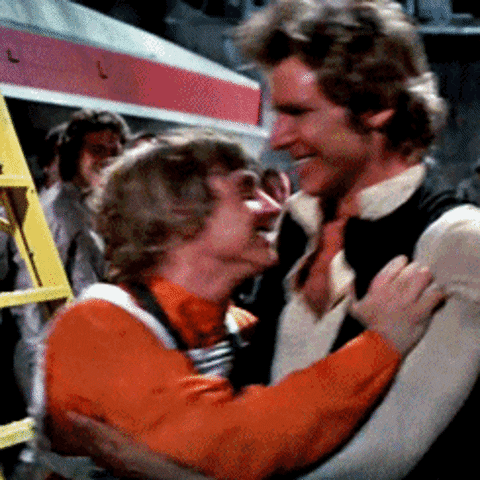 Movie gif. Mark Hamill as Luke Skywalker and Harrison Ford
 as Han Solo in Star Wars: Return of the Jedi. Luke grabs Han by the chest and ecstatically grins at him and Han pushes his face away, equally glad to be reunited.