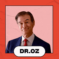 Photo gif. Make America Great Again hat adheres to a smiling photo of Dr. Oz framed in pink against an orange background. A stamp appears next to him that reads, “Is a Trump Republican.”