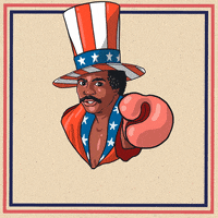 Digital art gif. Apollo Creed wearing a red, white, and blue stovetop hat, points at us with a boxing glove against a beige background. Text, “I need you to vote in the PA elections.”