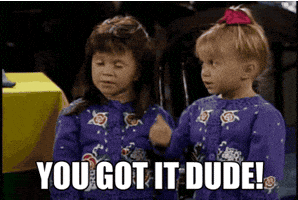 TV gif. Ashley and Mary Kate Olsen as Michelle Tanner on Full House. They are toddlers and they say simultaneously, "You got it dude!" before sending us a thumbs up and high fiving one another.
