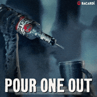 Sponsored gif. Two zombie hands pour a Halloween-themed bottle of Bacardi into a cocktail shaker. Text: POUR ONE OUT