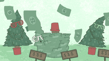 Illustrated gif. Christmas trees decked out with shutter shades sway and dance around a red- and green-flashing field with cash flying around everywhere.