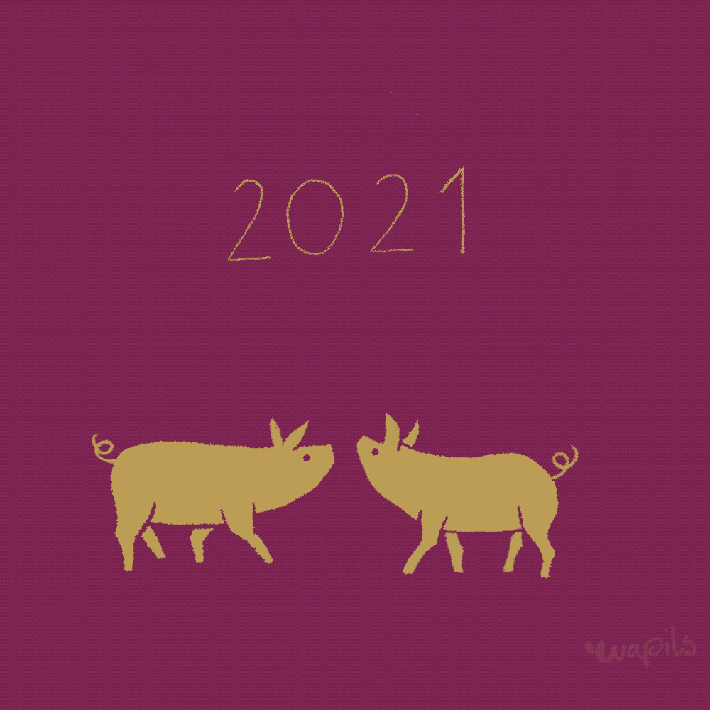Cartoon gif. A crayon-style animation in beige on a maroon background. Above two pigs, the last digit of the text "2021" stretches to become "2022". Sparkles turn the text into "Happy New Year" as the pigs "oink" several times, then kiss. 