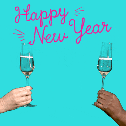 Digital art gif. Two different hands hold flutes of champagne as they toast. Cheerful pink script reads, "Happy New Year." 