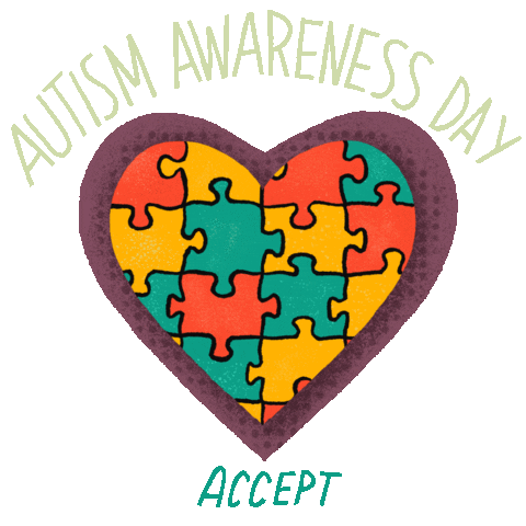 Illustrated gif. Heart-shaped puzzle flashes with jade green, gold, and dark orange pieces on a transparent background above alternating words that read, "Accept, Understand, Love." Text, "Autism Awareness Day."