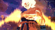 Video game gif. In this animated promotional montage for the video game, 'DRAGON BALL: Sparking! ZERO' Goku Transforms into Super Saiyan, causing bright flashes and bursts of energy all around him.