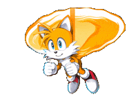 Sponsored sticker gif. Tails the fox from Sonic the Hedgehog uses his two tails to hover like a helicopter.