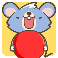 Kawaii gif. A smiling blue mouse holds a large heart-shaped block of cheese in its hand with the top of the cheese covered in bright red wax that glints in the light. The mouse takes a big happy bite, shoving the cheese heart into its mouth and shaking with excitement.