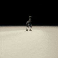 Digital art gif. A Velociraptor explodes into orange and grey pieces as orange letters burst from within. Text, "TGIF"