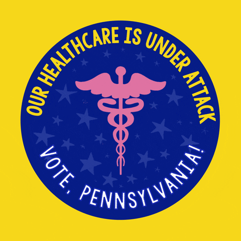 Digital art gif. Blue circular sticker against a yellow background features a pink medical symbol of a staff entwined by two serpents, topped with flapping wings and surrounded by light blue dancing stars. Text, “Our healthcare is under attack. Vote, Pennsylvania!”