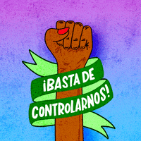 Digital art gif. A cartoon woman's fist pumps up and down, encircled by a green ribbon with text on it that reads, "Basta de Controlarnos," all against an ombre pink and blue background.