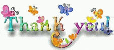 Text gif. Colorful flowers and butterflies hover around sparkling rainbow text that reads, "Thank you."