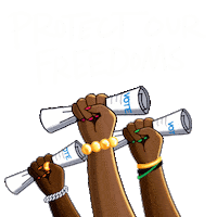 Illustrated gif. Fists raised in solidarity, all waving rolled-up papers that say "vote." Text, "Protect our freedoms."