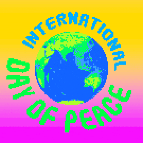 Digital illustration gif. Bright blue and green text, "International Day of Peace," circles around a spinning pixelated globe against a yellow-pink gradient background. 
