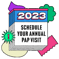 Digital art gif. One-a-day calendar surrounded by bold shapes, every page reading, "2023, schedule your annual Pap visit."