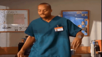 TV gif. Split screen of Donald Faison as Christopher in Scrubs and a Fortnite character dancing in sync with one another. 