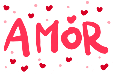 Text gif. The word "Amor" is written in red handwritting and hearts fly around it.