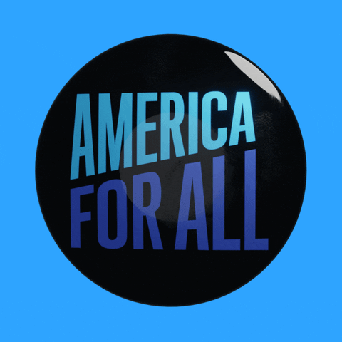 Illustrated gif. Black button pin floats, spinning on the Y axis against a celadon blue background, text in turquoise and royal blue reads, "America for all."