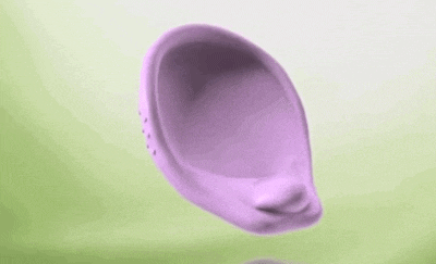 Science gif. A model of a diaphragm contraceptive which labels the rim, cervical cup, grip dimples, and removal dome.