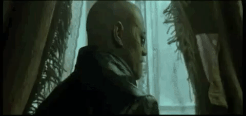 Movie gif. Laurence Fishburne as Morpheus in The Matrix turns from a window to face us as lightning strikes dramatically outside. He says, "At last."