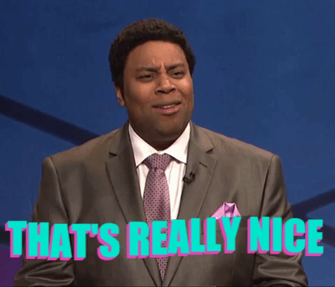 SNL gif. Kenan Thompson as a game show host furrows his brow and sticks out his bottom lip before saying, "That's really nice."