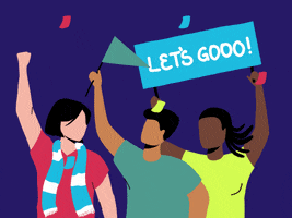 Digital illustration gif. Against a navy blue background, a crowd of three people hold up flags and banners and a sign that says "Let's go!" as confetti falls all around them. 