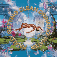 Text gif. Lil Nas X's Montero album cover, modified with the words "Finally getting clean drinking water" revolving around Nas's floating, naked body.