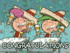 TV gif. Cosmo and Wanda from the Fairly Odd Parents sit at school desks wearing sombreros and shaking maracas excitedly in a celebratory fashion. Confetti rains down. Text, "Congratulations"