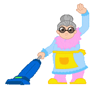 Sticker gif. Dancing grandma has big black sunglasses on and a hand raised in the air as she uses the other hand to push a blue vacuum back and forth. She's grooving and having fun.