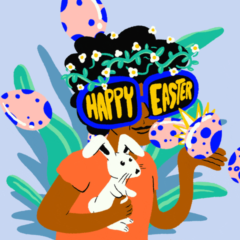 Illustrated gif. Pink and blue spotted eggs float up around a person holding a bunny and an egg in front of a pale blue background. They wear a string of flowers in their hair and oversized sunglasses that read," Happy Easter."
