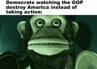 Movie gif. Toy Monkey in Toy Story 3 stares at surveillance monitors, gripped in terror. Caption, “Democrats watching the GOP destroy America instead of taking action.”