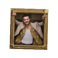 Sponsored sticker gif. Gold-framed portrait of Traitors cast member Dylan Efron tilts from side to side.