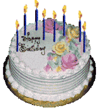 Sticker gif. Glossy pixelated scene of a birthday cake with candles surrounded by wrapped gifts and purple red green and blue balloons, a message in a sassy script font leaping out toward us. Text, 'Happy birthday!'