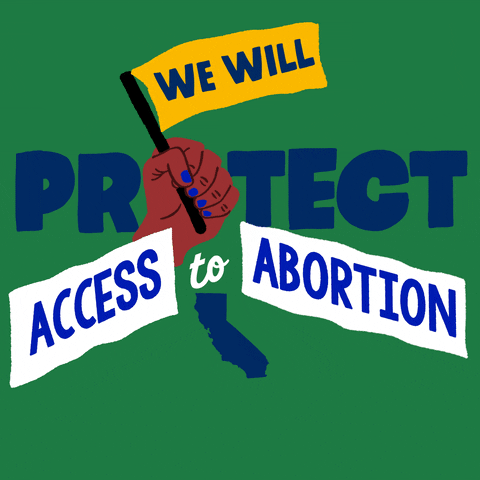 Text gif. Brown hand with blue fingernails in front of green background waves a yellow flag up and down that reads, “We will,” followed by the text, “Protect access to abortion. California.”