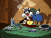Cartoon gif. Sylvester the Cat on Looney Tunes. He's trying to pour a cup of coffee but is so shaky that it splashes out of the cup. The table is littered with used cigarettes and he's totally cracked out.