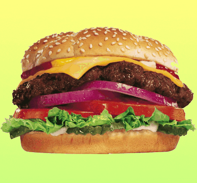 Kawaii gif. A photo of a fully loaded cheeseburger glitches quickly up and down. 