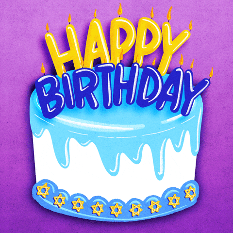 Digital art gif. Gyrating cake on a purply-pink background dripping with blue frosting with candles that spell out "Happy birthday," Stars of David all around the bottom.