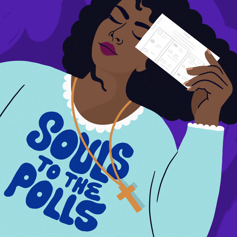 Illustrated gif. Elegant Black woman with curly hair on a dark purple background, holding a ballot and wearing a cross necklace, her shirt says, "Souls to the polls."