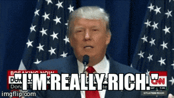 Political gif. Donald Trump is standing in front of American Flags giving a speech. He says, "I'm really rich," in full seriousness.