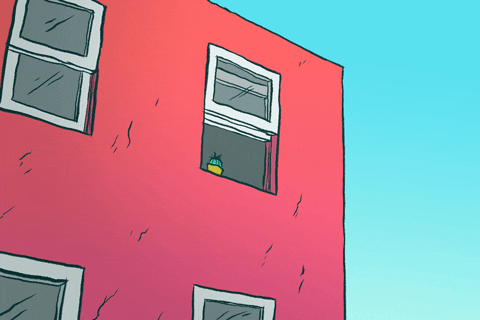 Illustrated gif. Phone gets tossed through an open window of a tall red building.