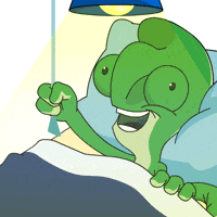 Cartoon gif. A cartoon chameleon reaches up to turn off the light from bed. As the light goes out, the word "goodnight" and a string of zs appear in the dark.
