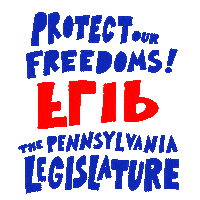 Text gif. Bold youthful block letters with action marks emphasizing an upside-down word that, turned right-side up turns from red to blue and reads, "Flip." Text, "Protect our freedoms, flip, the Pennsylvania legislature."