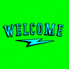 Text gif. Blinking neon letters hang above an 1980s style lightning bolt on a green background. Text, "Welcome".