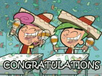 TV gif. Cosmo and Wanda from the Fairly Odd Parents sit at school desks wearing sombreros and shaking maracas excitedly in a celebratory fashion. Confetti rains down. Text, "Congratulations"